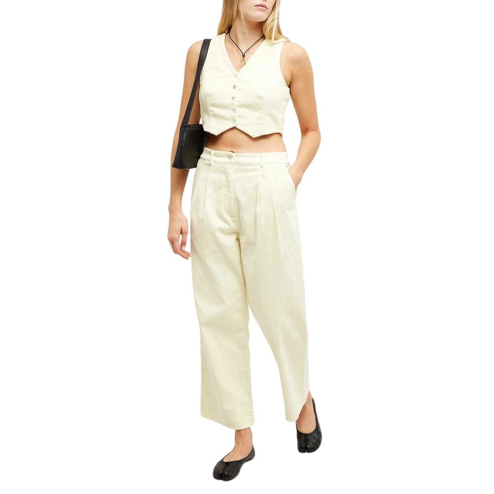 Donni Button Front Cropped Vest Pleated Trouser Pants Creme Women's Size M/XS - Picture 2 of 11